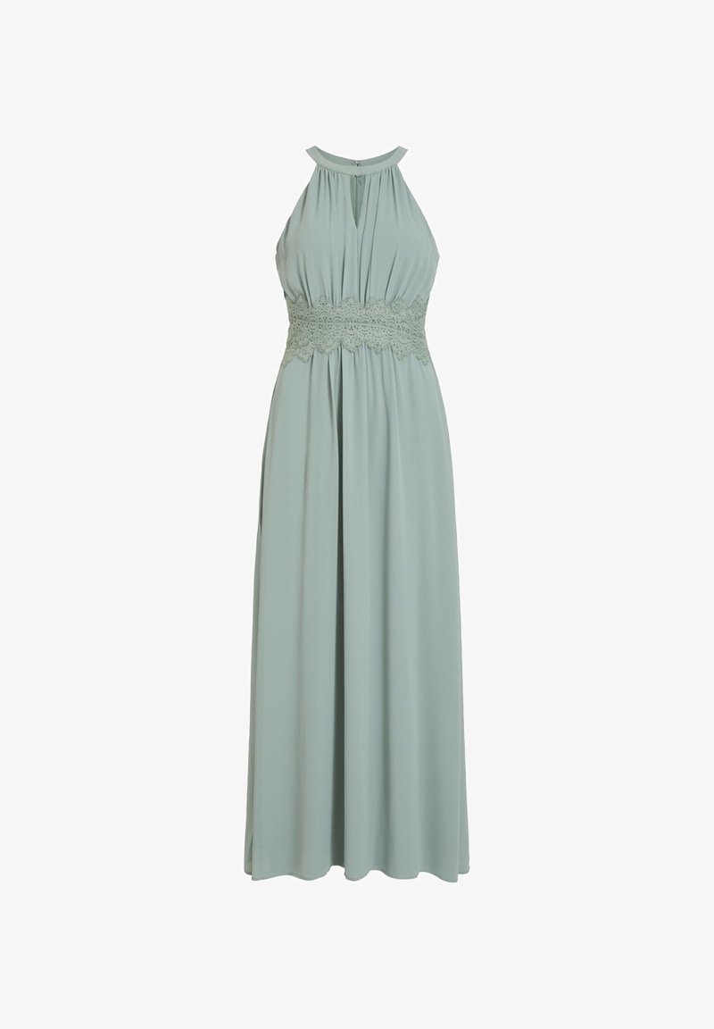 Robe longue vert clair sans manches avec col halter et large ceinture en dentelle, dotée d'un corsage plissé et d'une jupe fluide.