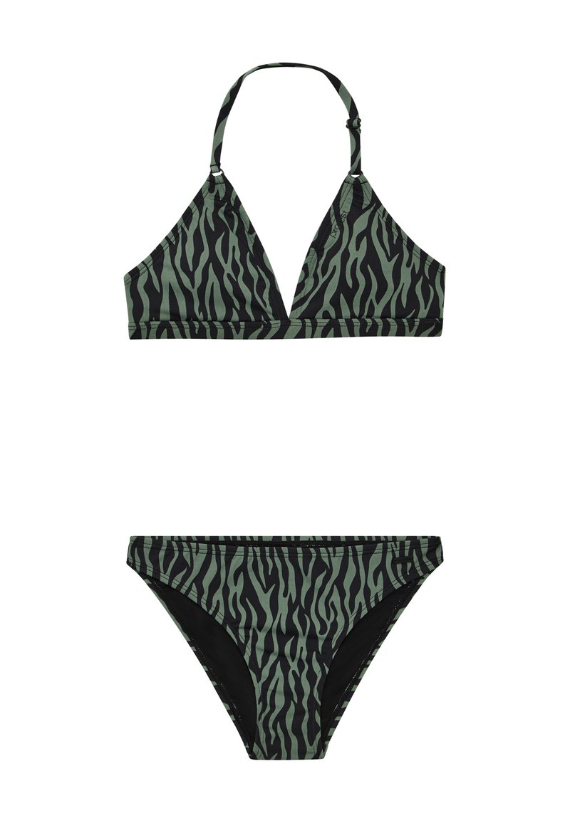 Bikini rinkinys, sudarytas iš trikampio tipo viršaus ir derančių apatinės dalies, žaliu ir juodu zebro raštu, pagamintas iš lygaus elastinio audinio su reguliuojamomis petnešėlėmis.