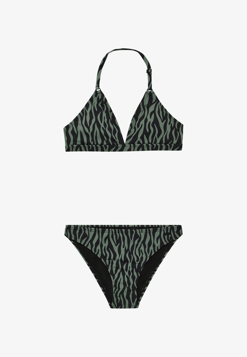 Set bikini composto da un top a triangolo e pantaloni coordinati a strisce zebra verde e nero, realizzato in tessuto elasticizzato morbido con spalline regolabili.