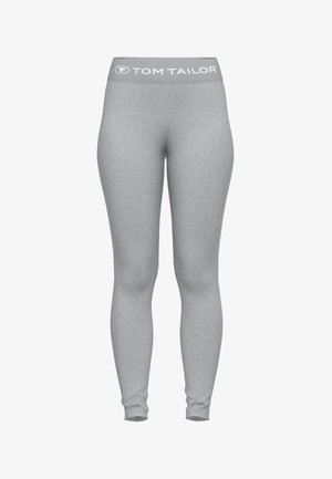Szürke leggings puha anyagból, rugalmas derékkal, amelyen a "TOM TAILOR" márkajelzés található. Szűkülő kialakítás, minta vagy díszítés nélkül.