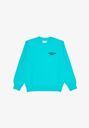 Sweatshirt turchese in misto cotone, con polsini e orlo a costine. Il testo frontale recita "FRUTTI D'Amore" in lettere maiuscole nere.