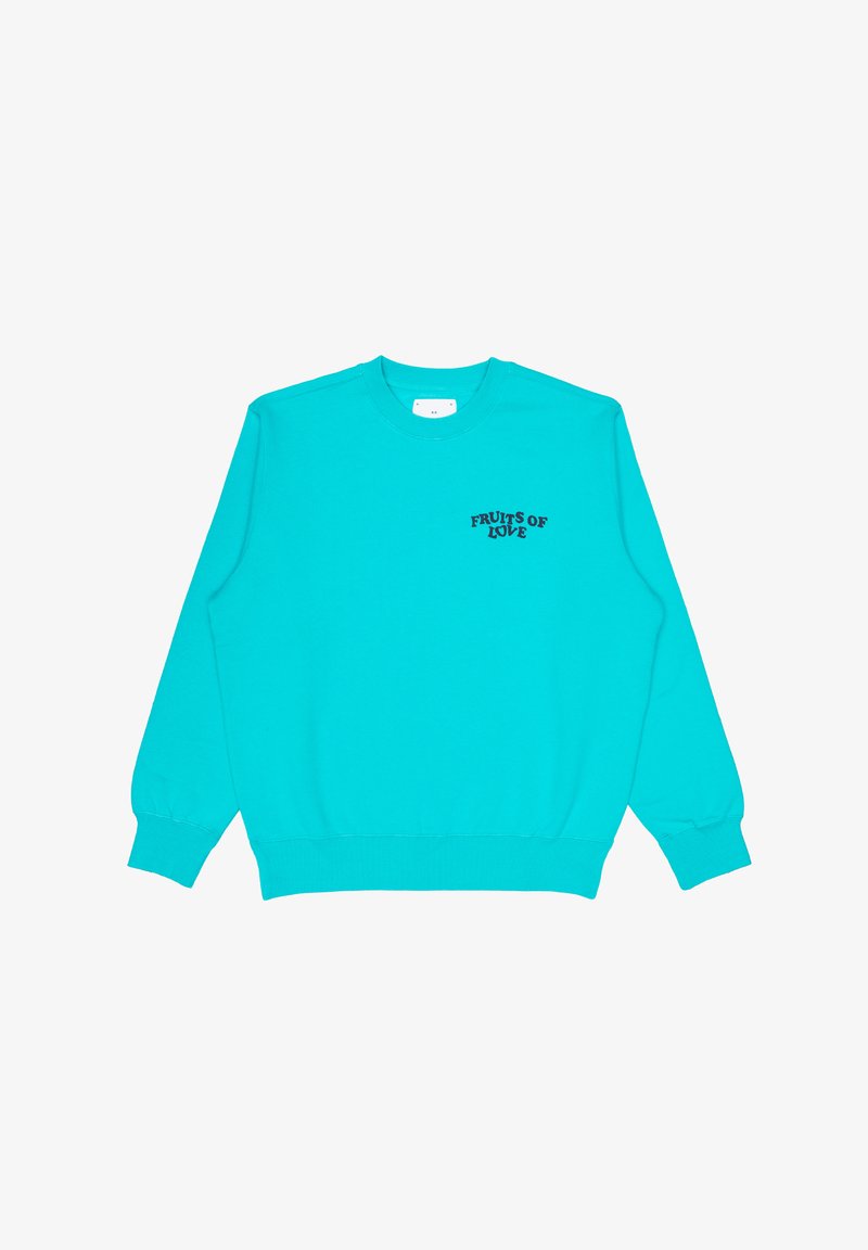 Sweatshirt turchese in misto cotone, con polsini e orlo a costine. Il testo frontale recita "FRUTTI D'Amore" in lettere maiuscole nere.