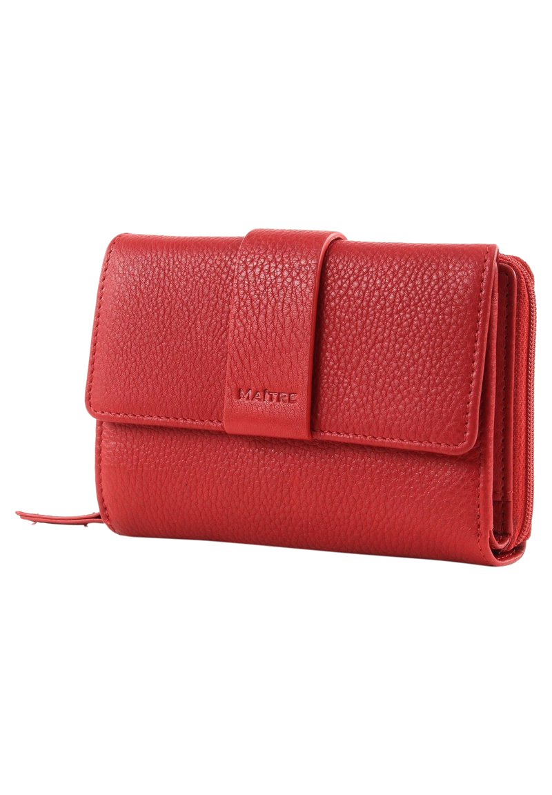 Portafoglio in pelle rossa con finitura texturizzata, dotato di chiusura a pattina con bottone a pressione e una sezione con cerniera per monete o carte.