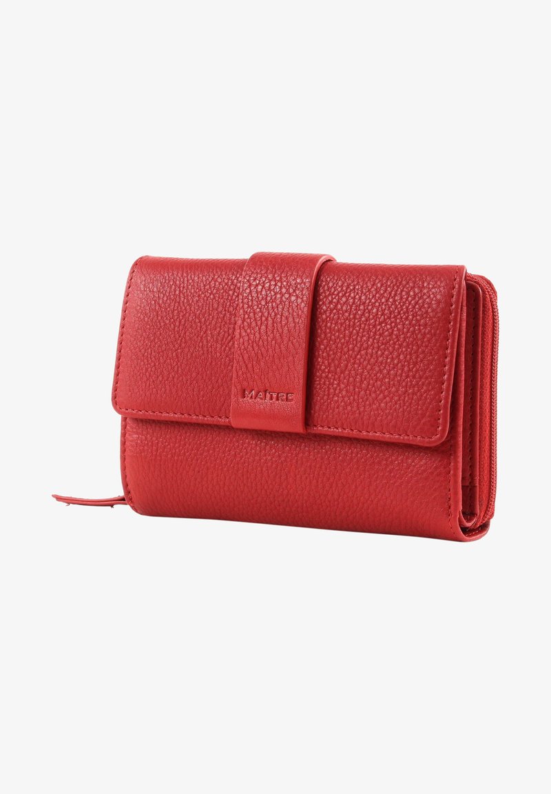 Portafoglio in pelle rossa con finitura texturizzata, dotato di chiusura a pattina con bottone a pressione e una sezione con cerniera per monete o carte.