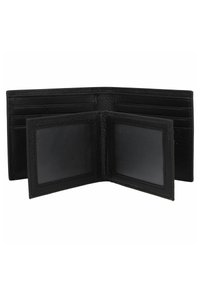 Portefeuille bifold en cuir noir ouvert, montrant plusieurs emplacements pour cartes et deux fenêtres transparentes pour carte d'identité au centre du rabat.