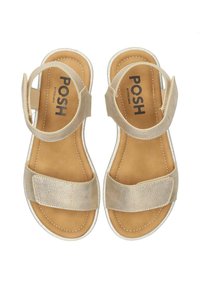 Sandali metallici dorati con due cinturini, uno regolabile, su una soletta marrone chiaro. Cuciture a contrasto lungo i bordi. Nome del marchio "POSH" visibile.