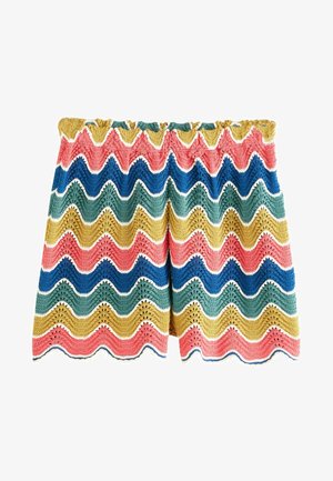 Stickade shorts med en vågmönster i rosa, blått, grönt, gult och vitt. Har en scalloped nederkant och elastisk midja för komfort.