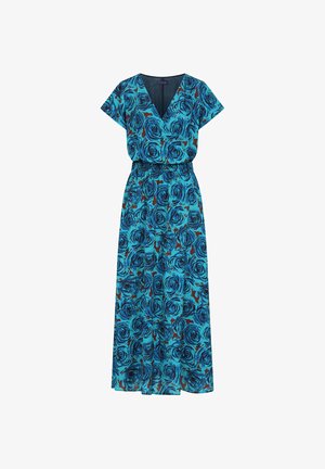 Plava maxi haljina s kratkim rukavima, V-izrezom, elastičnim pojasom i apstraktnim uzorkom crnih i smeđih ruža.
