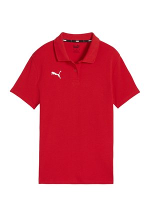 Rotes Polo-Shirt aus Baumwolle, mit Kragen, kurzen Ärmeln und einem weißen Puma-Logo auf der linken Brustseite.