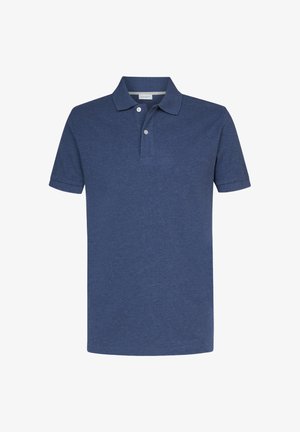 Dunkelblaues Poloshirt aus weichem Baumwollstoff, mit klassischem Kragen, Knopfleiste mit drei Knöpfen und kurzen Ärmeln.
