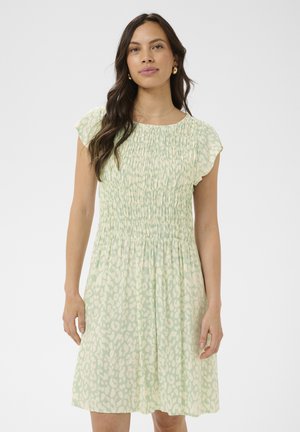 Žena s dlhými tmavými vlasmi oblečená v svetlozelených a bielych krátkych rukávoch vzorované šaty po kolená, stojaca pred jednoduchým pozadím.