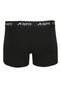 Schwarze Boxer-Shorts mit einem weichen, elastischen Bund, auf dem der Markenname "aprel" in Weiß steht. Glatte Textur, körpernaher Schnitt und ohne Muster.