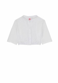 Weiße, verkürzte Bluse aus leichtem Stoff, mit kurzen Ärmeln, rundem Halsausschnitt und Knopfverschluss vorne mit plissierten Details.