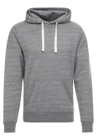 Sudadera gris hecha de una tela suave, con bolsillo tipo canguro, cordones blancos y puños y dobladillo acanalados. Diseño simple de pullover sin patrones.