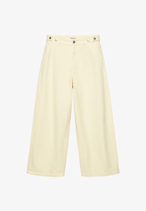Pantaloni scurți cu picior larg, de culoare bej deschis, cu închidere cu nasturi și bucle pentru curea, confecționați dintr-un material fin.