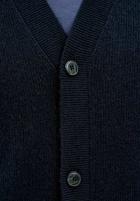 Gilet tricoté bleu marine foncé avec deux boutons noirs fixés sur une chemise bleu clair.