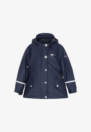 Jūros tamsiai mėlynas vandeniui atsparus švarkas su kapišonu, baltais akcentais, spaudėmis ir dviem priekinių kišenių. Ant krūtinės yra mažas skėčio logotipas.