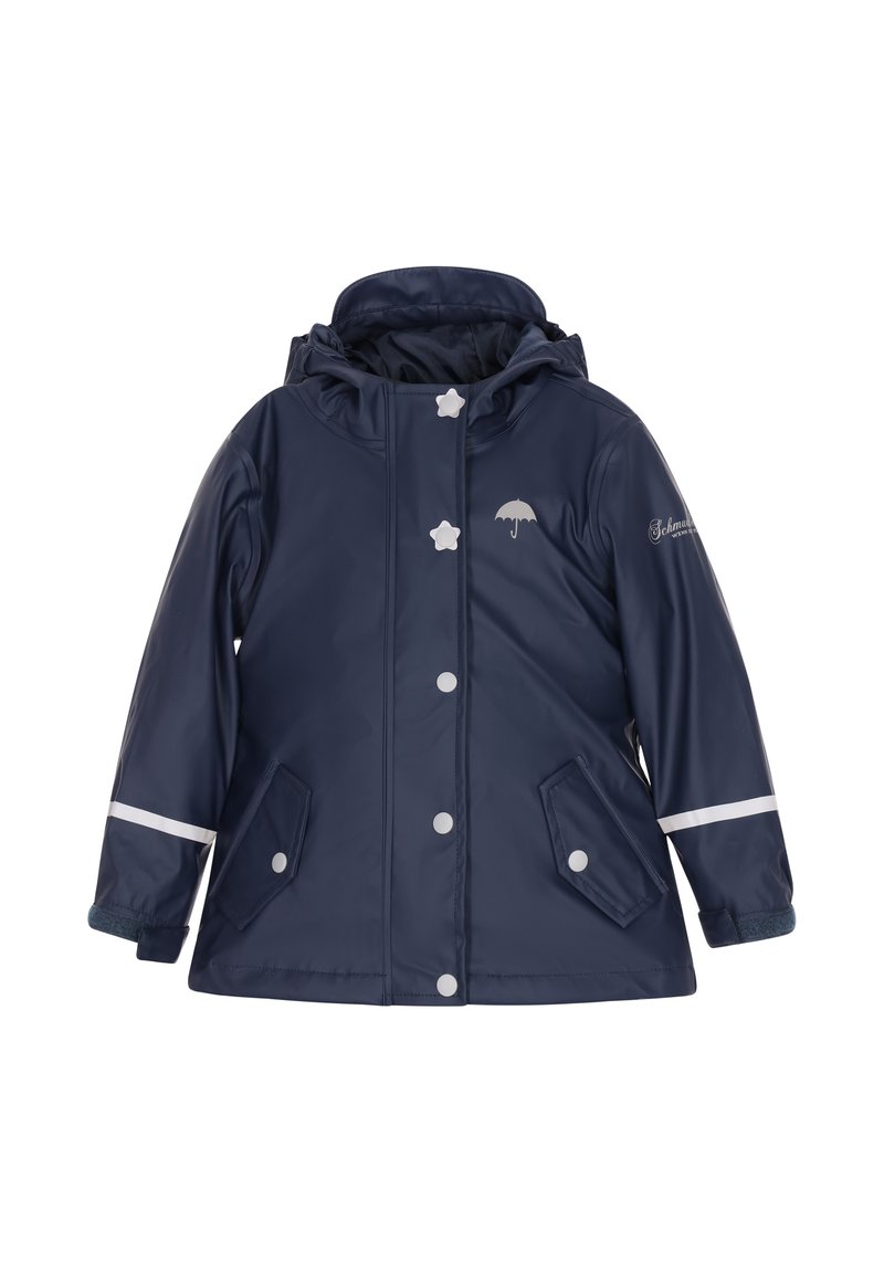 Jūros tamsiai mėlynas vandeniui atsparus švarkas su kapišonu, baltais akcentais, spaudėmis ir dviem priekinių kišenių. Ant krūtinės yra mažas skėčio logotipas.