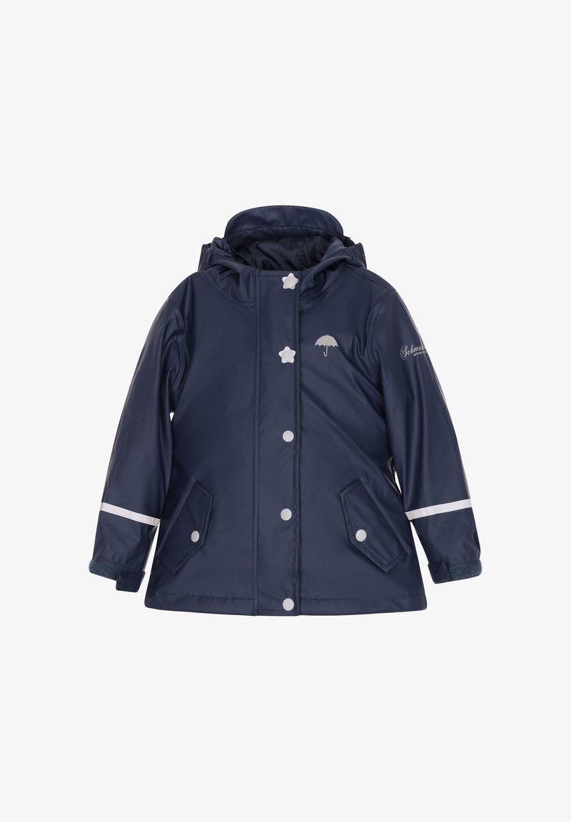 Jūros tamsiai mėlynas vandeniui atsparus švarkas su kapišonu, baltais akcentais, spaudėmis ir dviem priekinių kišenių. Ant krūtinės yra mažas skėčio logotipas.