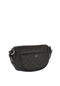 Borsa a spalla nera con tessuto a motivo, forma arrotondata, chiusura con zip e dettaglio del logo in tonalità argento sul davanti.