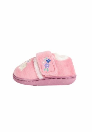 Roze zachte slippers met een stoffen bovenkant, pluche voering, klittenbandsluiting en geborduurd bloemendesign. Licht afgeronde neus en platte zool.