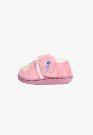 Roze zachte slippers met een stoffen bovenkant, pluche voering, klittenbandsluiting en geborduurd bloemendesign. Licht afgeronde neus en platte zool.