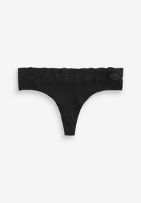 String noir doté d'une taille en dentelle, en tissu doux, avec un design minimaliste en forme triangulaire.