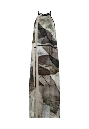 Long sleeveless dress with halter neck and sheer fabric featuring black, gray, and beige abstract leaf patterns.