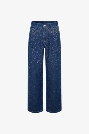 Riflové nohavice s širokými nohavicami, tmavomodré s hladkou textúrou, s roztrúsenými kamienkami na prednej strane a klasickým dizajnom s piatimi vreckami.