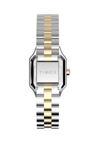 Montre rectangulaire Timex avec un bracelet en métal bicolore argent et or. Présente un boîtier poli et une couronne proéminente sur le côté droit.