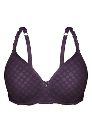 Lila BH mit glattem Stoff und gepunktetem Muster, verstellbaren strukturierten Trägern und einem zentralen herzförmigen Schmuckdetail.