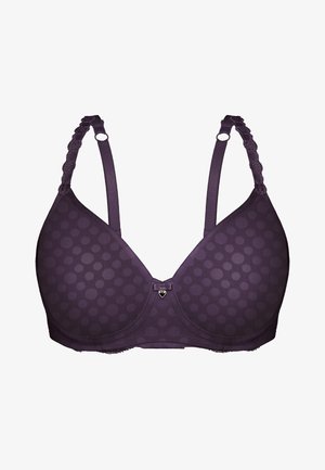 Lila BH mit glattem Stoff und gepunktetem Muster, verstellbaren strukturierten Trägern und einem zentralen herzförmigen Schmuckdetail.