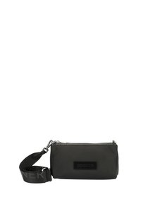 Black nylon pouch with zip closure, featuring a prominent logo patch and an adjustable strap with brand text. Smooth texture, rectangular shape.