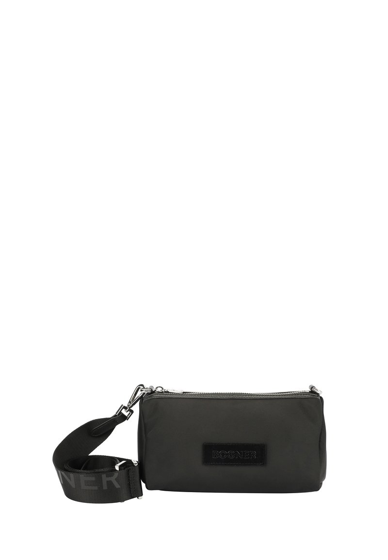 Black nylon pouch with zip closure, featuring a prominent logo patch and an adjustable strap with brand text. Smooth texture, rectangular shape.