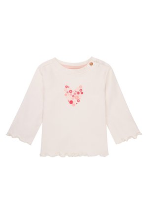 Hellrosa Langarmshirt aus weichem Stoff. Verfügt über einen gerafften Saum und geraffte Bündchen sowie ein blumiges Herzdesign in verschiedenen Rosatönen. Ein Knopf an der Schulter.