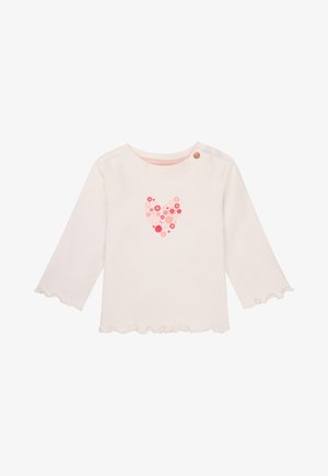 Hellrosa Langarmshirt aus weichem Stoff. Verfügt über einen gerafften Saum und geraffte Bündchen sowie ein blumiges Herzdesign in verschiedenen Rosatönen. Ein Knopf an der Schulter.