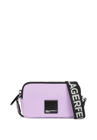 Purple synthetic crossbody bag with a black trim and a prominent black logo patch. Features a textured strap with "LAGERFELD" in white.