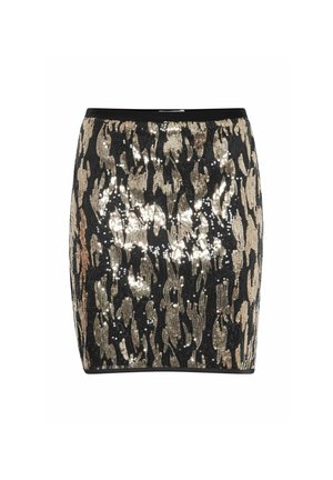 Jupe mini en sequins noirs mettant en valeur un motif léopard dans des teintes dorées et cuivrées, avec une taille lisse pour une silhouette ajustée.