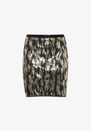 Crna mini suknja sa cirkonima koja ima uzorak leopard u zlatnim i brončanim nijansama, s glatkim pojasom za prilagođeni siluetu.