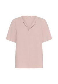 Blusa corta a maniche corte di colore rosa chiaro con scollo aV e tessuto morbido e testurizzato. Taglio semplice e dritto senza ulteriori decorazioni.