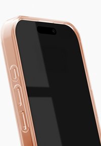 Smartphone met een zwart scherm in een transparante roségouden beschermhoes, met zichtbare zijknoppen en frontcamera.