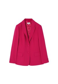 Fuchsiový blazer s klasickým límcem, dvěma předními kapsami a dvoubarevným zapínáním. Hladká tkanina s jemným leskem a přiléhavý střih.