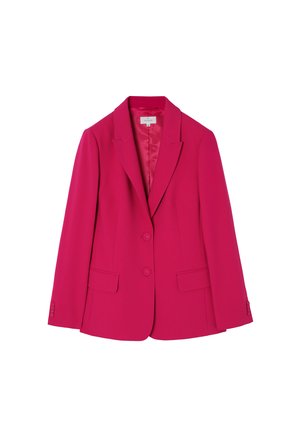 Fuchsia blazer with a notched lapel, two front pockets, and two button closure. Smooth fabric with subtle sheen and tailored fit.