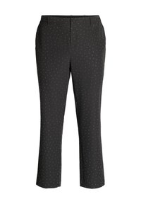 Black trousers with a slim fit, featuring a subtle white polka dot pattern. Made of smooth fabric with a standard waistband and a button closure.