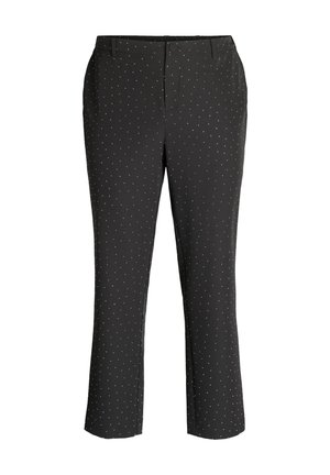 Black trousers with a slim fit, featuring a subtle white polka dot pattern. Made of smooth fabric with a standard waistband and a button closure.