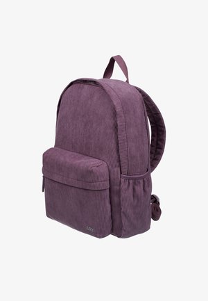 Paarse corduroy rugzak met een hoofdvak met rits, een voorvak, gewatteerde schouderbanden en een handvat aan de bovenkant voor gemakkelijk dragen.