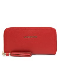Portefeuille en cuir rouge avec fermeture éclair, logo en relief "LANCASTER" et une frange décorative. Texture lisse avec bords cousus.