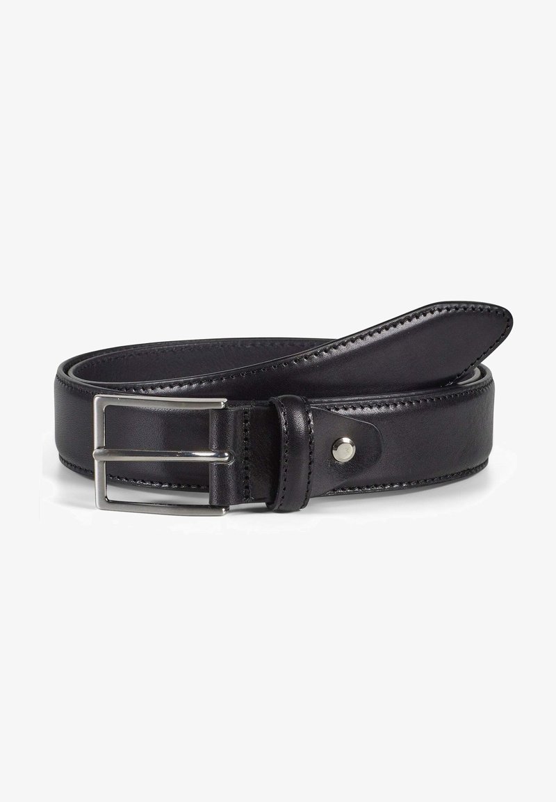 Black leather belt with a smooth texture, featuring a silver metal buckle and stitching details along the edges.