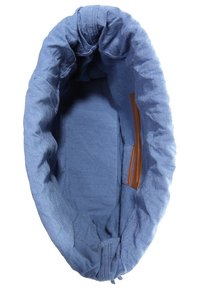 Blue linen bag with a gathered top, featuring a brown leather accent and a soft, textured interior. Designed for casual use.