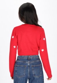 Maglione rosso a maglia con design cropped, maniche lunghe e ricami floreali bianchi su entrambe le maniche. Abbinato a jeans in denim a vita alta.